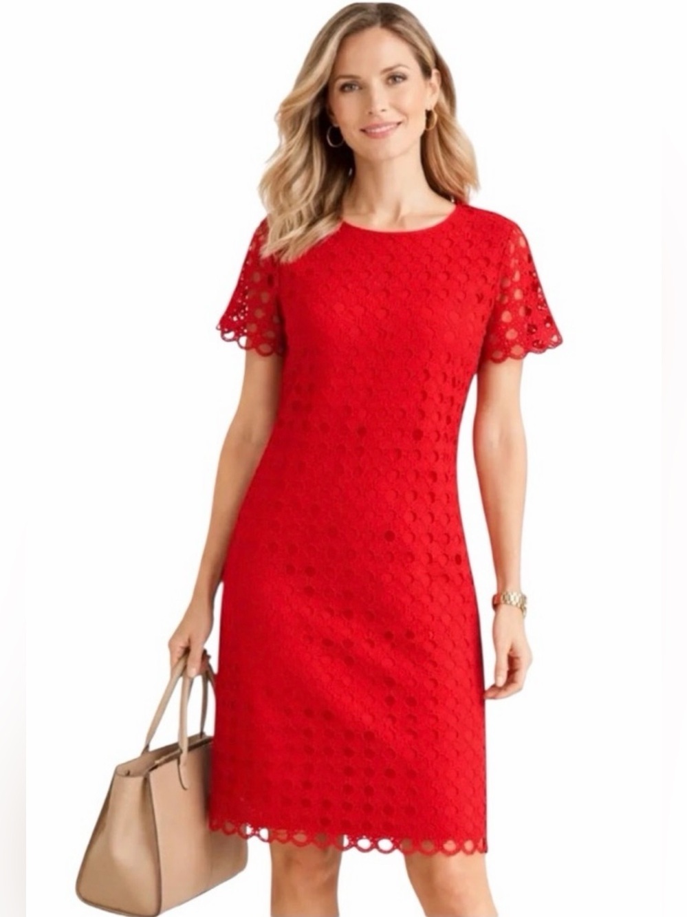 Talbots Red Lace Eyelet Shift Dress Size 6 Holiday Party Christmas NYE Cocktail